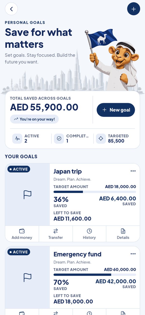 The goals screen showing savings goals and their progress.