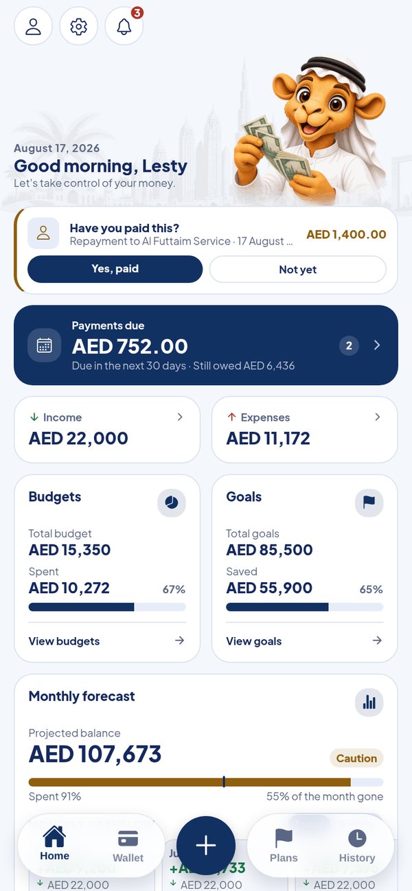 The Maal home screen, showing this month's spending and what is coming up.