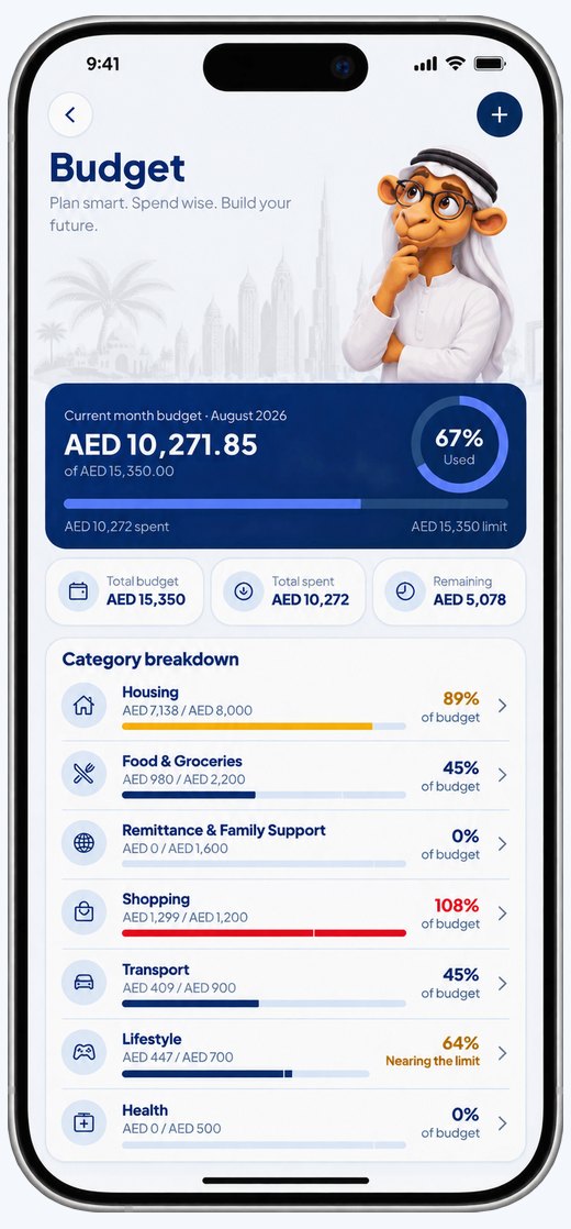 شاشة الميزانية، وما صُرف من الشهر موزعاً على الفئات.